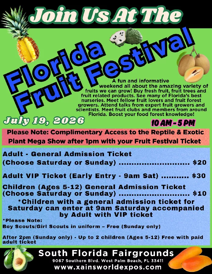 Get Information and buy tickets to FLORIDA FRUIT FESTIVAL July 18 & 19, 2026 - 9am Entry Saturday with VIP Pass on Xains World Expos