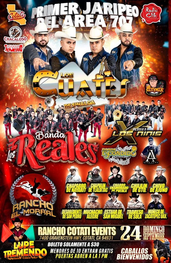 Get Information and buy tickets to Los Cuates de Sinaloa,Banda Los Reales,Banda Xplosiva Los Ninis y Rancho El Morral Primer Jaripeo del Area 707! on elrodeorio.com