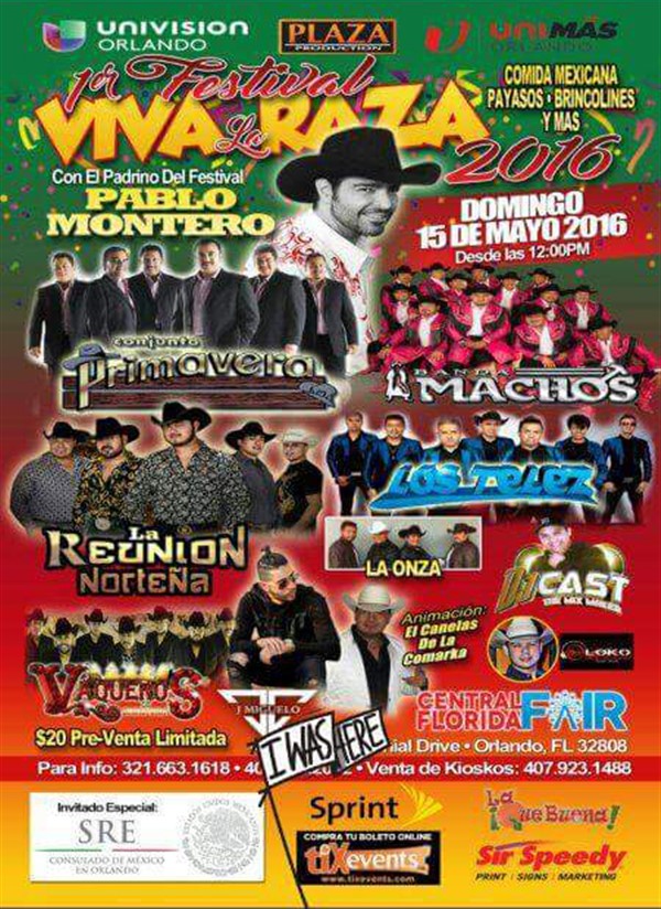 Get Information and buy tickets to Festival Viva La Raza • Pablo Montero • Conjunto Primavera Banda Macho • Reunion Norteña • Los Telez • Poderosa • Vaque on tixevents.com
