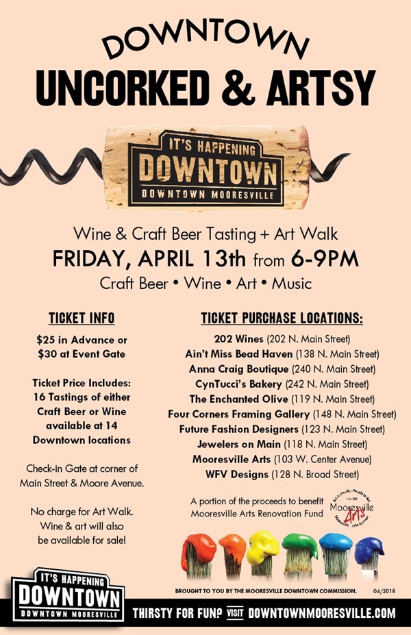 Obtenez des informations et achetez des billets pour Downtown Mooresville Uncorked & Artsy Wine, Craft Beer Tastings & Art Walk sur Downtown Mooresville