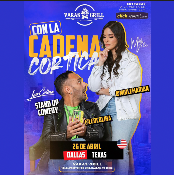 Obtener información y comprar entradas para Leo Colina y Mirle Marian - Stand up comedy - con la cadena cortica - Dallas, TX  en www click-event com.