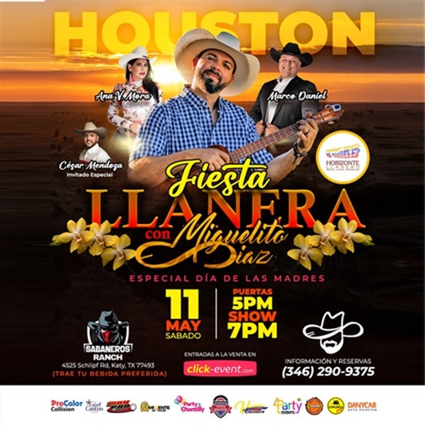 Get Information and buy tickets to Fiesta Llanera con Miguelito Diaz - Homenaje a las madres en su día - Katy, TX. Doors: 4:00pm on www click-event com