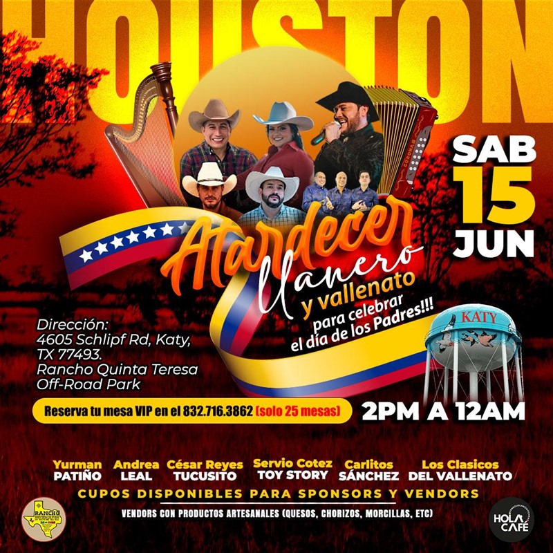 Obtener información y comprar entradas para Atardecer llanero y vallenato - Dia del Padre - Katy, TX  en www click-event com.