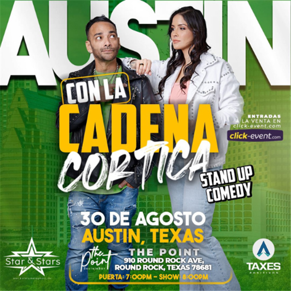 Obtener información y comprar entradas para Con la cadena cortica - Stand up comedy - Leo Colina y Mirle Marian - Austin, TX  en www click-event com.