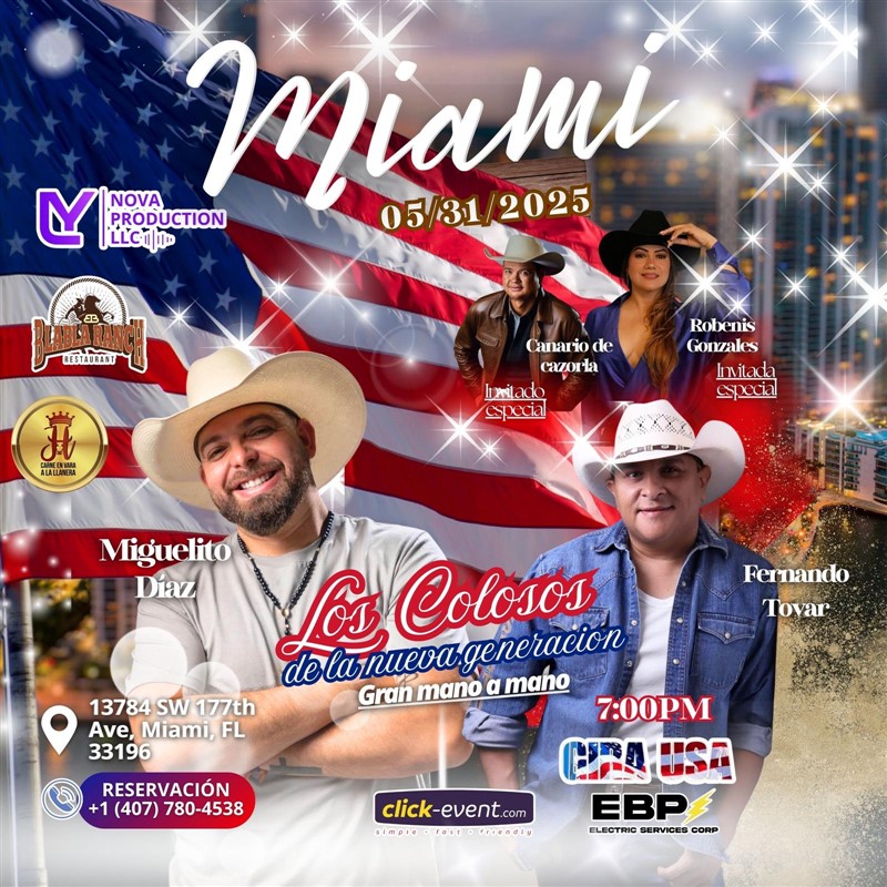 Get Information and buy tickets to Los Colosos - De la nueva generacion - Gran mano a mano con Miguelito Diaz y Fernando Tovar - Miami, FL  on www click-event com