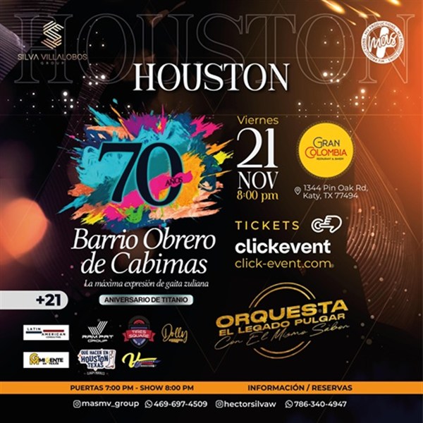 Get Information and buy tickets to Barrio Obrero de Cabimas - 70 Aniversario - Orquesta Legado Pulgar - Houston, TX  on ClickEvent
