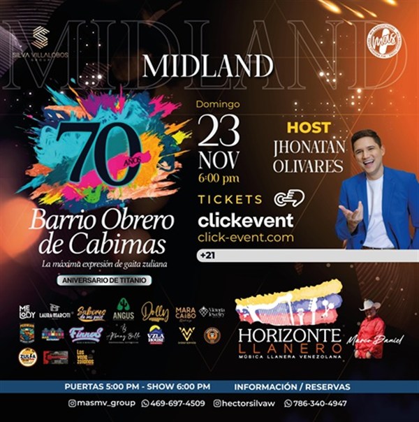 Get Information and buy tickets to Barrio Obrero de Cabimas - 70 Aniversario - Horizonte Llanero - Midland, TX  on ClickEvent