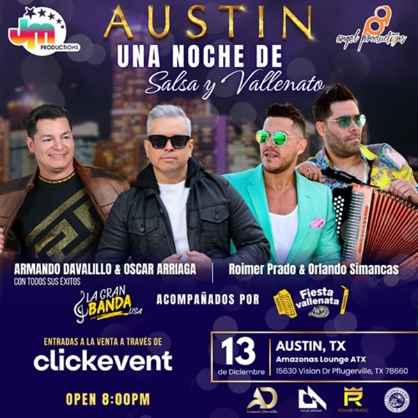 Get Information and buy tickets to Una noche de salsa y vallenato - Armando Davalillo y Oscar Arriaga - Roimer Prado y Orlando Simancas - Austin, TX  on ClickEvent