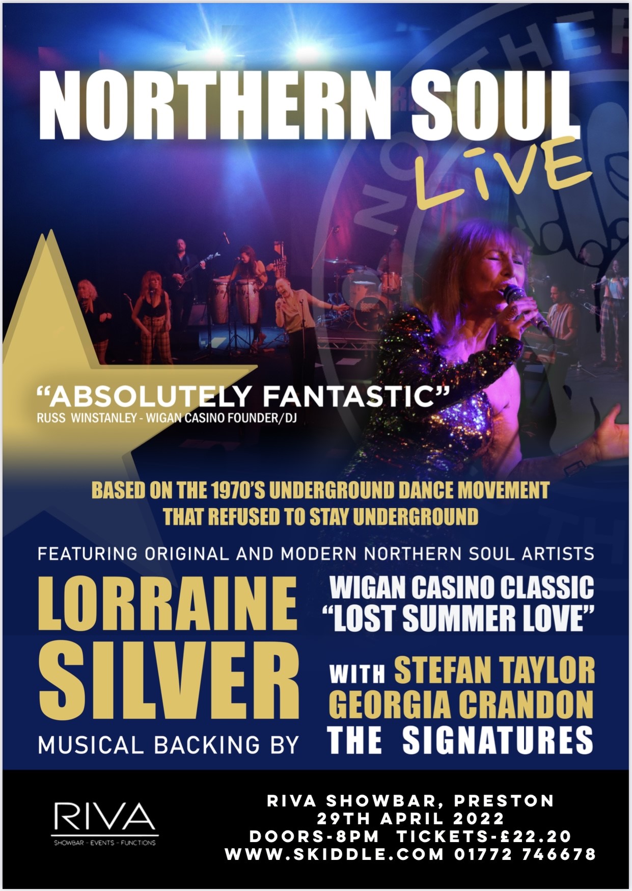 Wigan Casino Revival Night with The Signatures & Lorraine Silver Plus After Show DJ Set by Wigan Casino Legends Russ Winstanley & Alan King on Apr 29, 19:30@Riva Showbar Preston - Buy tickets and Get information on RS PROMOTIONS 