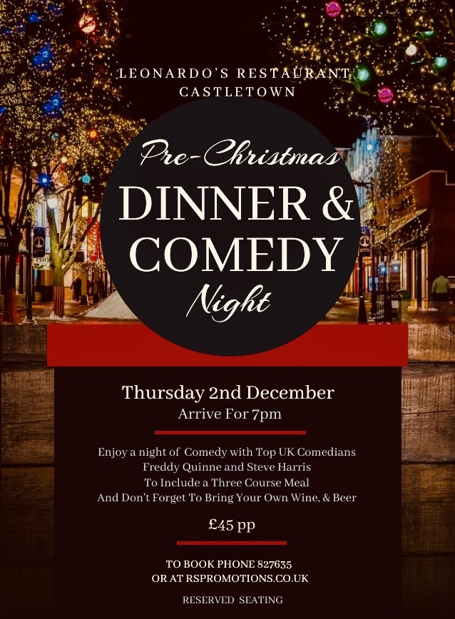 Dinner & Comedy Night at Leonardo's Restaurant in Castletown on 2nd Dec 2021