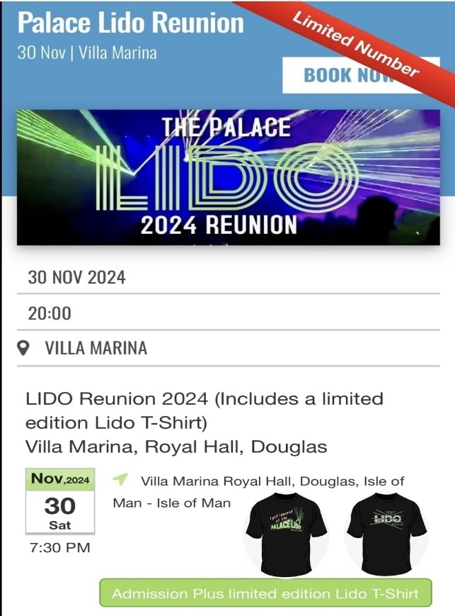 Get Information and buy tickets to LIDO Reunion 2024 (Includes a Lido T-Shirt) Villa Marina, Royal Hall, Douglas on RS PROMOTIONS