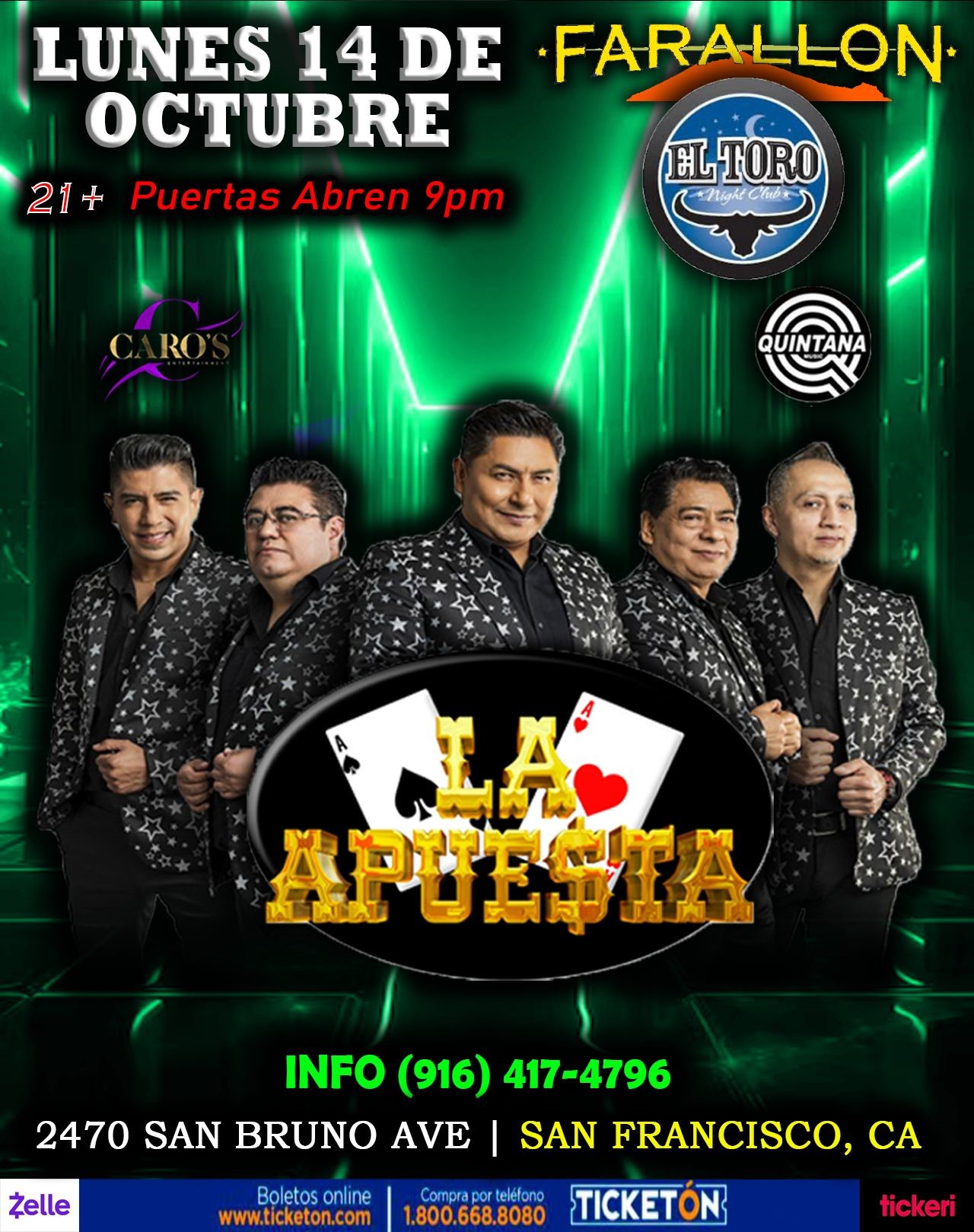 LA APUESTA LA APUESTA EN SAN FRANCISCO on Oct 14, 20:00@FARALLON SAN FRANCISCO(ANTES EL TORO) - Buy tickets and Get information on farallonpresenta farallonpresenta