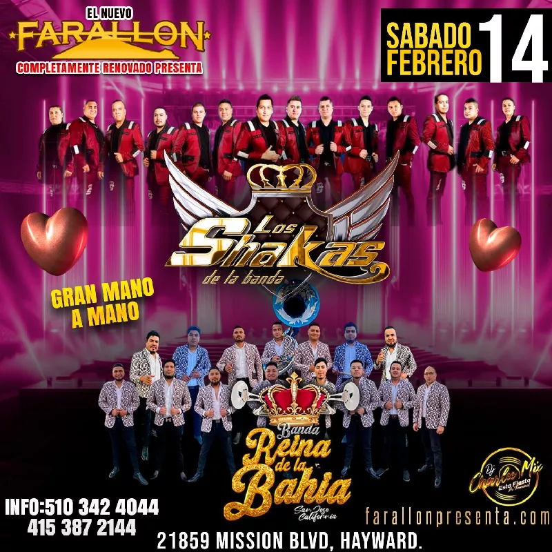 Get Information and buy tickets to Los Shakas de la Banda y Banda La Reina de la Bahia! ❤️ Noche de San Valentín! 💘 on T45