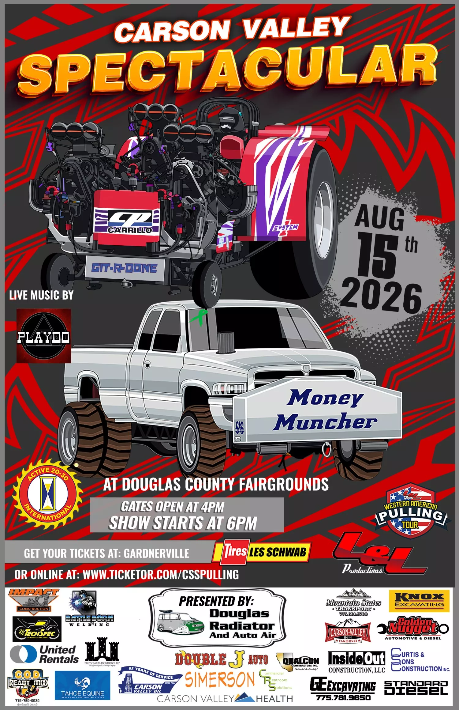 Get information & buy tickets toCarson Valley Spectacular Tractor Pulls on Aug 15, 18:00 @Douglas County Fairgrounds | L & L Productions
