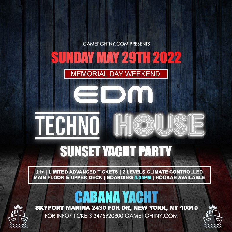 MDW Techno NYC Sunday Sunset Cabana Yacht Party Cruise Skyport Marina 2022  on May 29, 18:00@Skyport Marina - Buy tickets and Get information on GametightNY 