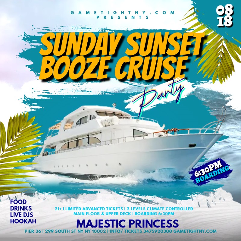 NYC Summer Sunday Sunset Majestic Princess Yacht Party Booze Cruise 2024  on Aug 18, 18:30@Pier 36 - Buy tickets and Get information on GametightNY 