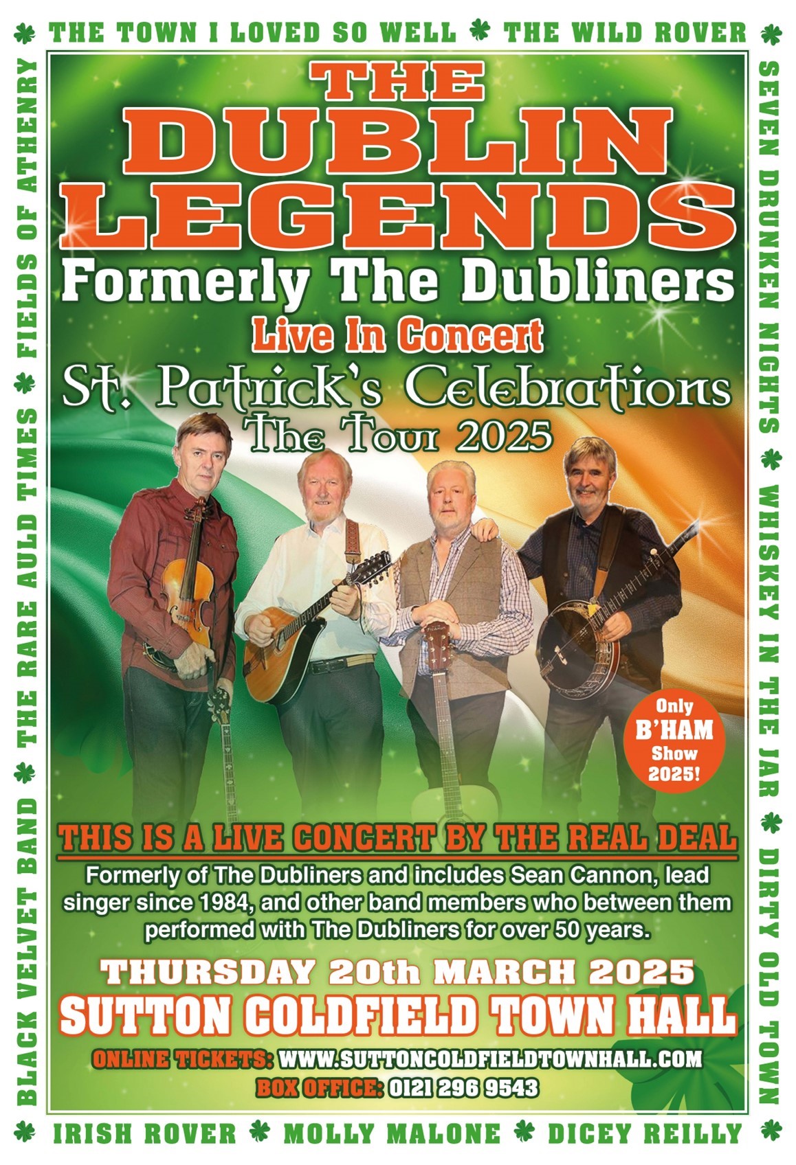 Get information, pick a seat & buy tickets to THE DUBLIN LEGENDS - Live In Concert  on Mar 20, 19:30 @Standard capacity | Sutton Coldfield Town Hall