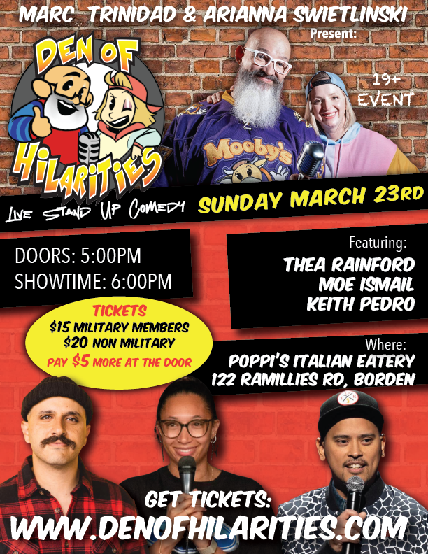 Get information & buy tickets to Den of Hilarities - Poppies Italian Eatery Stand up Comedy on Mar 23, 18:00 @Poppies Italian Eatery | Marc Trinidad Ent