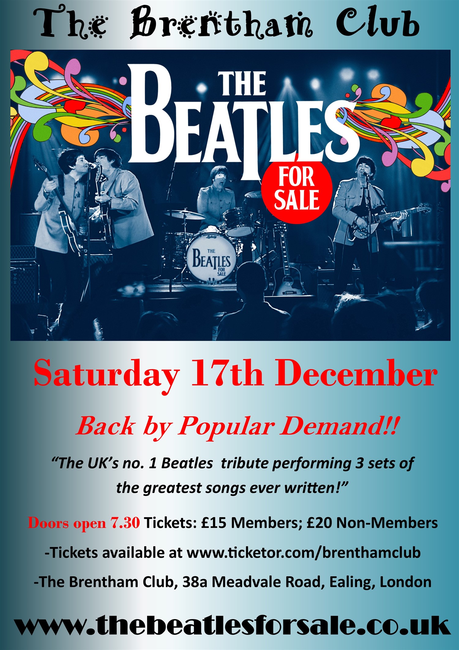 The Beatles for sale  on Dec 17, 19:30@The Brentham Club - Buy tickets and Get information on Brenthamclub.co.uk 