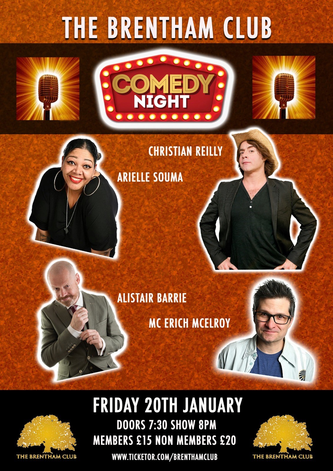 Comedy Night - show starts 8pm Christian Reilly, Alistair Barrie, Erich McElroy and Arielle Souma on ene. 20, 20:00@The Brentham Club - Buy tickets and Get information on Brenthamclub.co.uk 