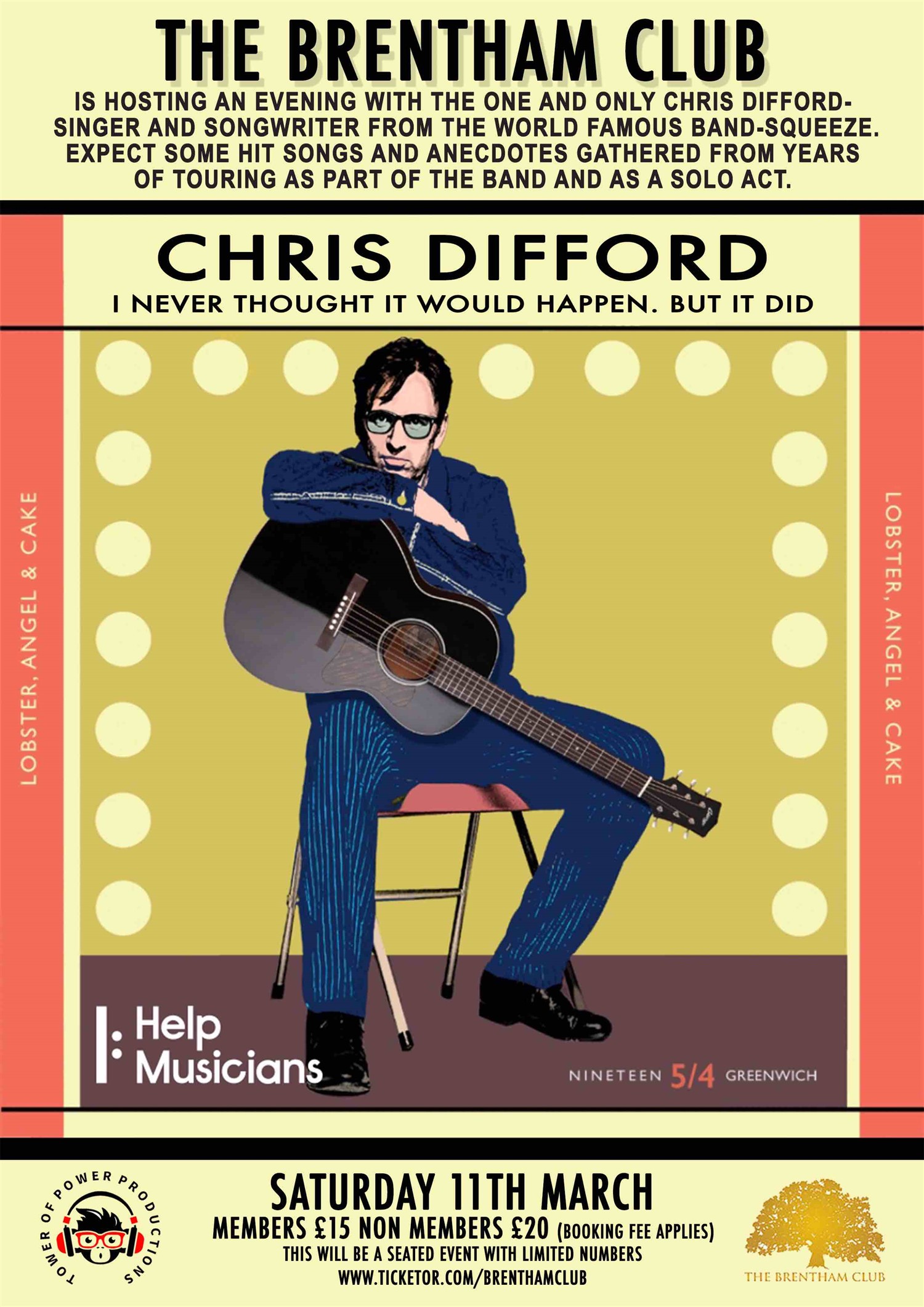 Chris Difford Tickets Go On Sale 25th Jan! Booking fees are applied to each ticket purchase on Mar 11, 20:00@The Brentham Club - Buy tickets and Get information on Brenthamclub.co.uk 
