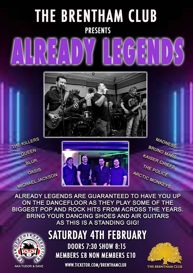 Get Information and buy tickets to Already Legends Pop and Rock Hits - Booking fee applied to each ticket purchase on Brenthamclub.co.uk
