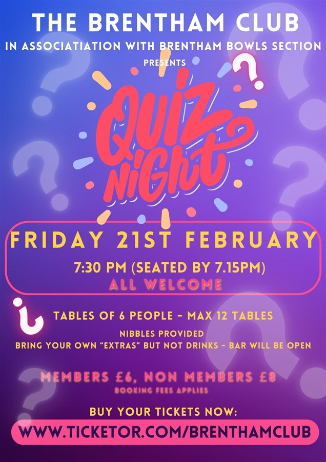 Get Information and buy tickets to Quiz Night  on Brenthamclub.co.uk