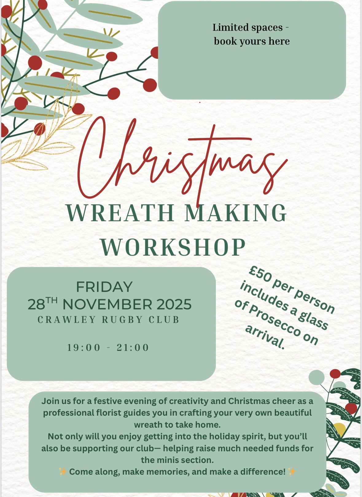 Get information & buy tickets toChristmas Wreath Making  on nov. 28, 19:00 @Crawley Rugby Football Club | Crawley Rugby Football Club
