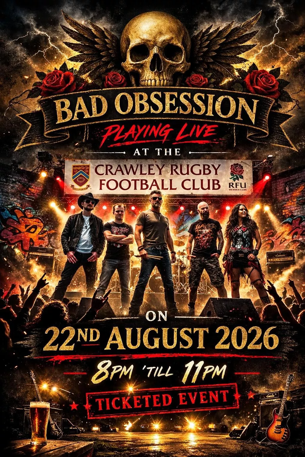 Get information & buy tickets toBad Obsession  on Aug 22, 20:00 @Crawley Rugby Football Club | Crawley Rugby Football Club