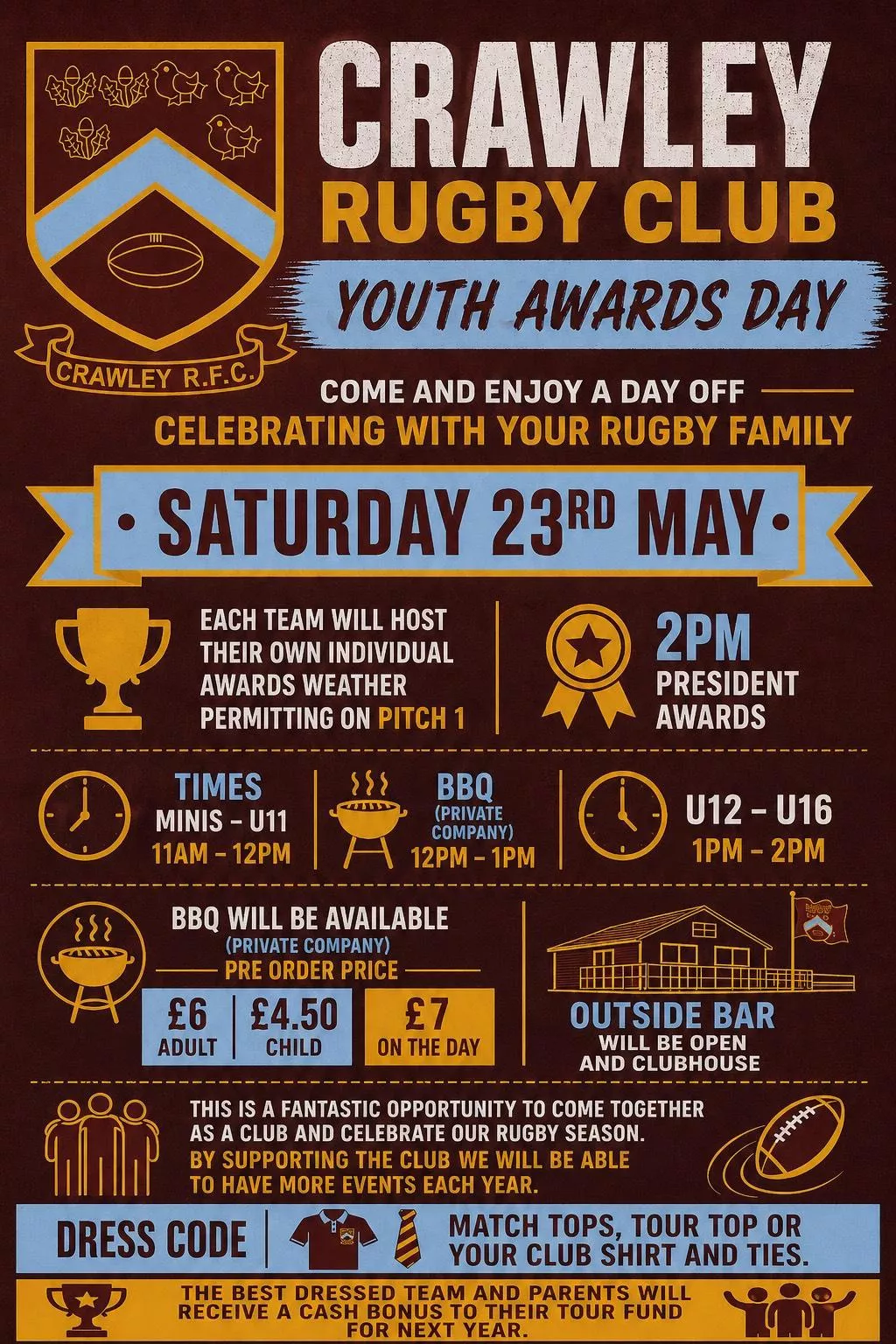 Get information & buy tickets toEnd of season awards  on May 23, 12:00 @Crawley Rugby Football Club | Crawley Rugby Football Club