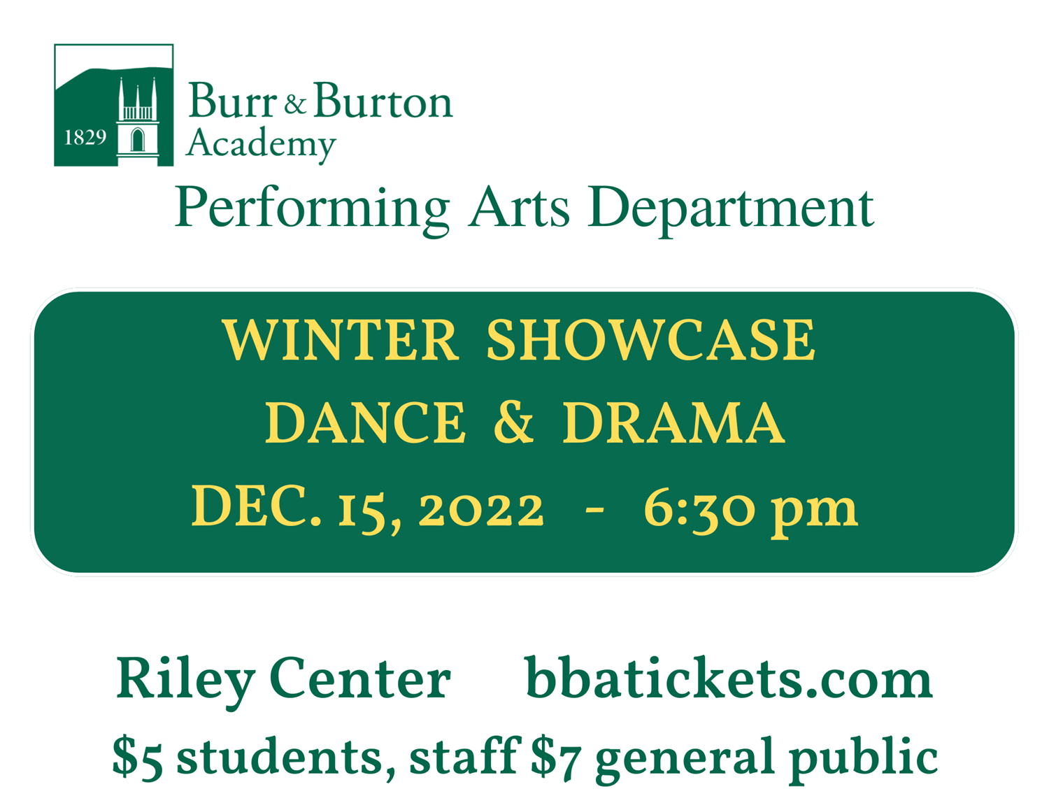 Winter Showcase Dance and Drama BBA Performing Arts Department Showcase on Dec 15, 18:30@BBA Riley Center - Pick a seat, Buy tickets and Get information on Burr and Burton Academy 