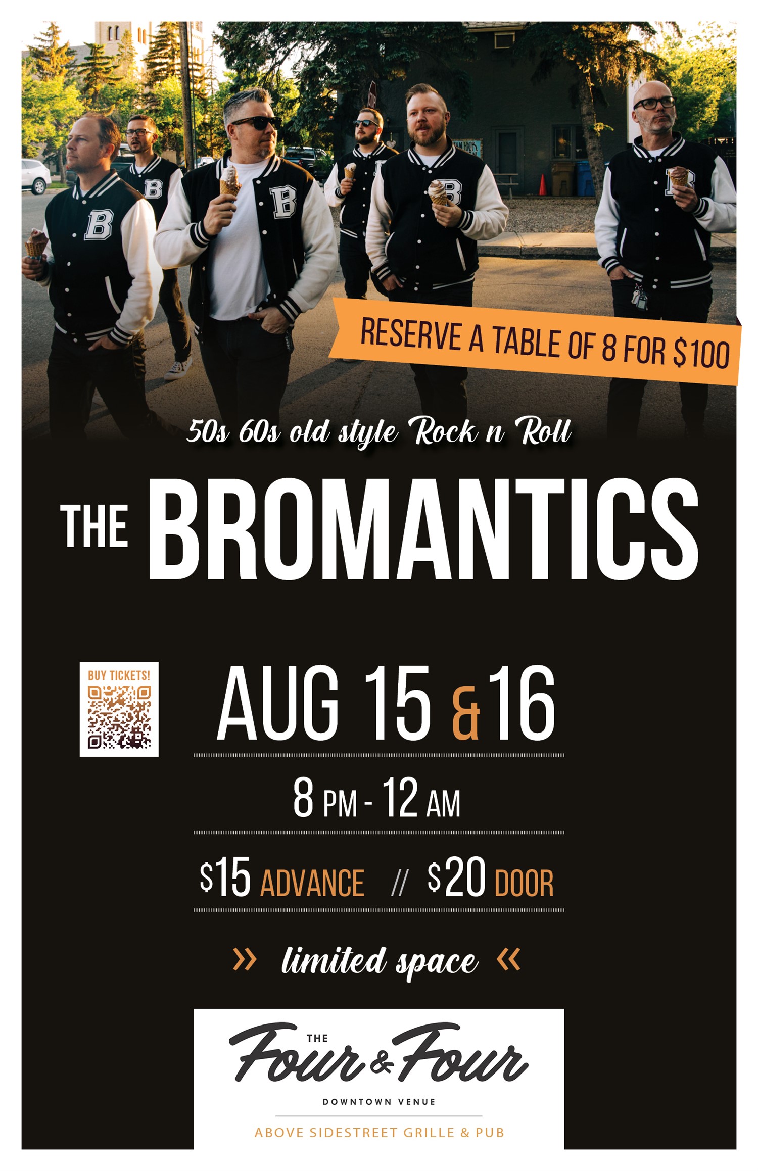 The Bromantics Aug. 16, 2024 on Aug 16, 20:00@The Four and Four, above Sidestreet Grille & Bar - Buy tickets and Get information on Sidestreet Live / Four and Four 