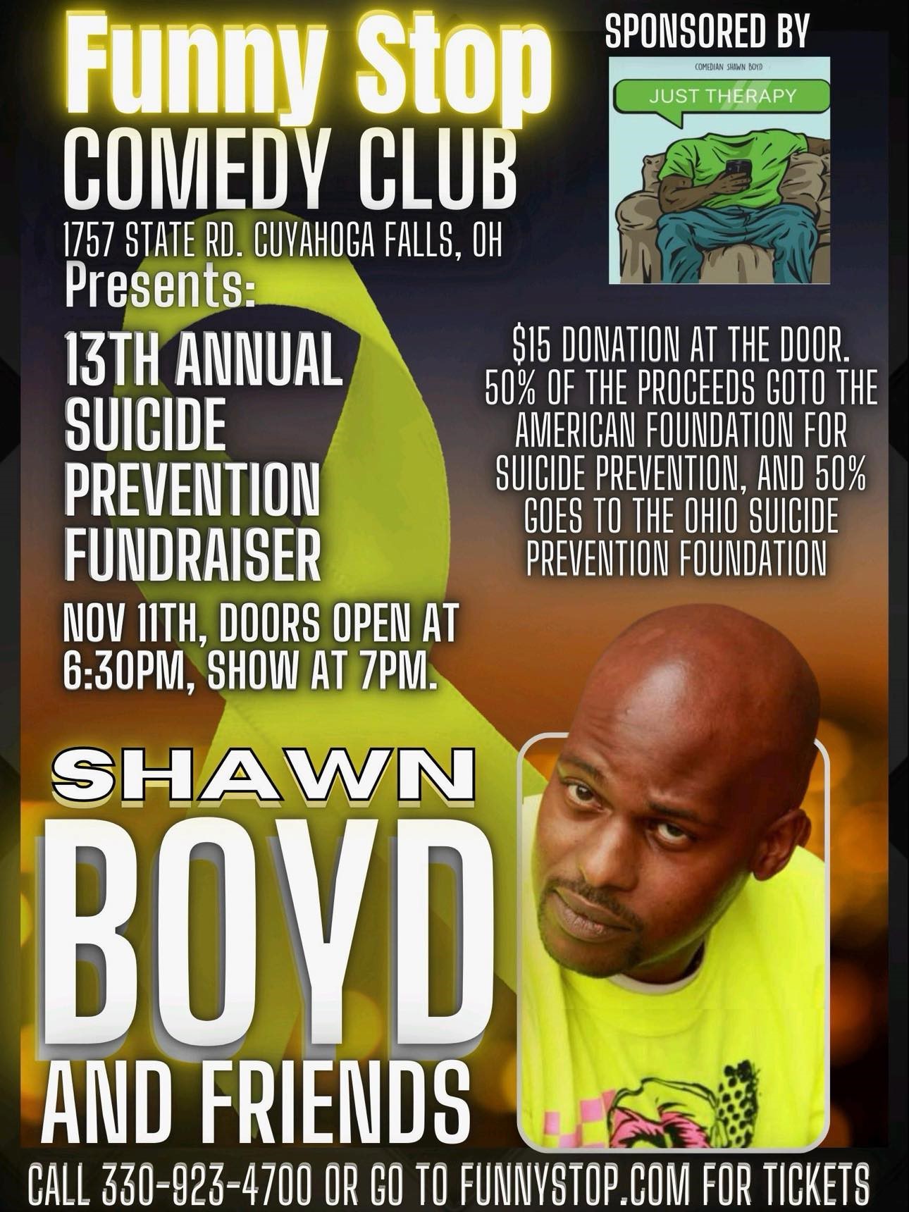 Obtenez des informations et achetez des billets pourSuicide Prevention Fundraiser with Shawn Boyd and Friends - Fundraiser at Funny Stop Comedy Club on nov. 11, 19:00 @Funny Stop Comedy Club